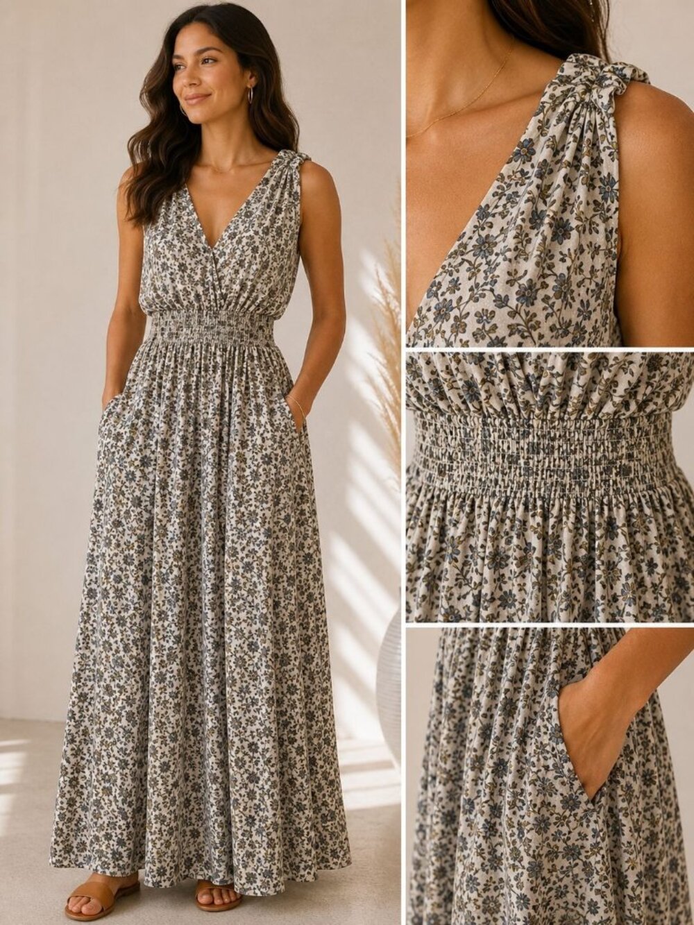 Old Navy XL Floral Maxi Dress Sleeveless Smocked Waist Pockets Boho Women